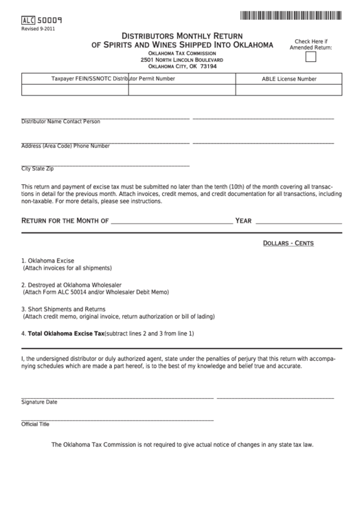Fillable Form Alc 50009 - Distributors Monthly Return Of Spirits And Wines Shipped Into Oklahoma Printable pdf