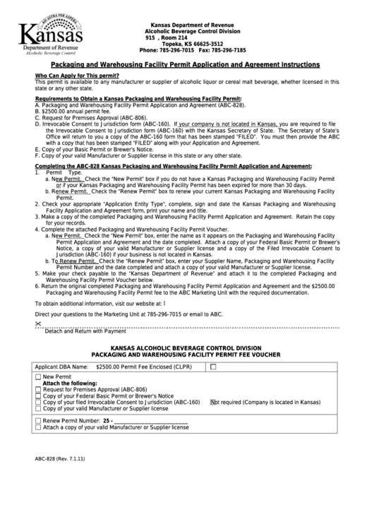 Fillable Form Abc-828 - Kansas Packaging And Warehousing Facility Permit Application And Agreement Printable pdf