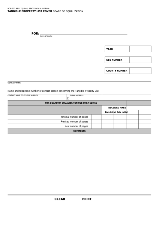 Fillable Form Boe-532 - Tangible Property List Cover Printable pdf