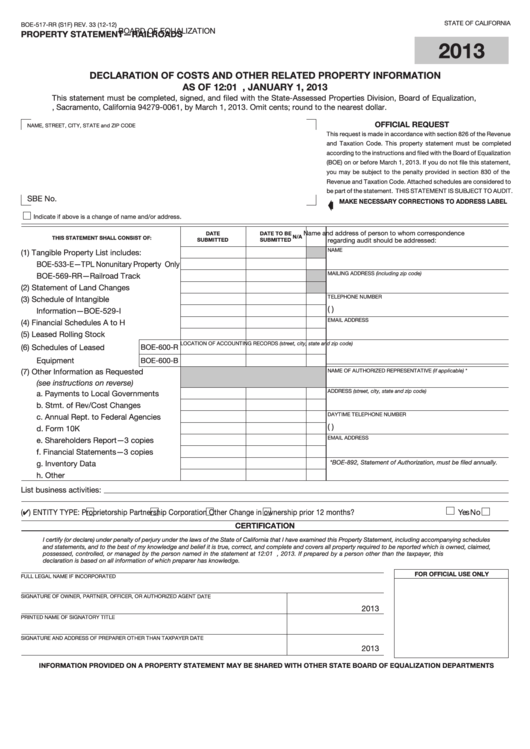 Fillable Form Boe-517-Rr - Property Statement - Railroads - 2013 Printable pdf