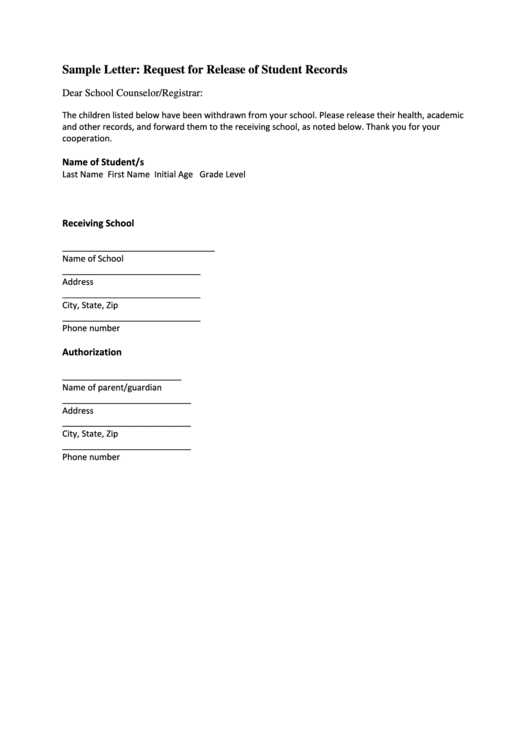 Sample Request For Release Of Student Records Printable pdf