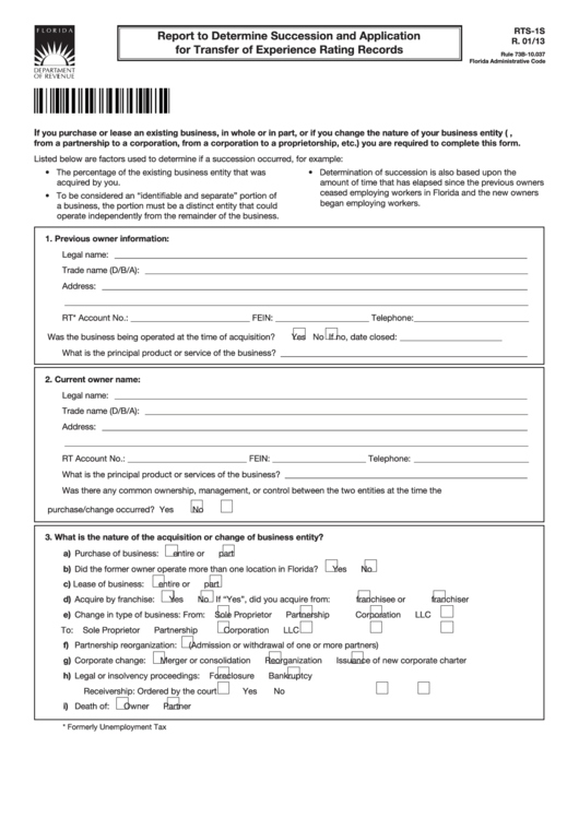Form Rts-1s - Report To Determine Succession And Application For Transfer Of Experience Rating Records Printable pdf
