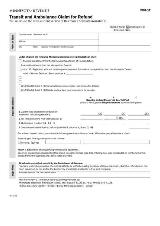 Fillable Form Pdr-1t - Transit And Ambulance Claim For Refund Printable pdf