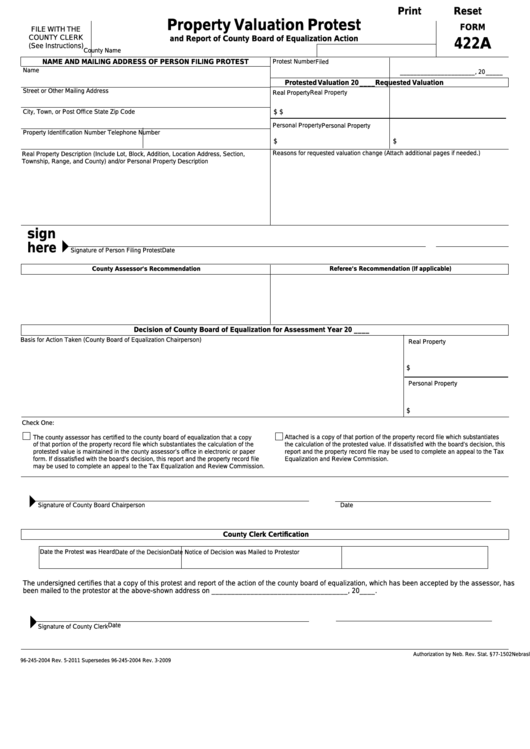Fillable Form 422a - Property Valuation Protest Printable pdf