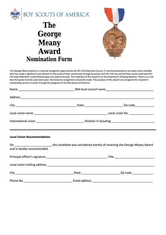 Fillable Bsa The George Meany Award Nomination Form Printable pdf