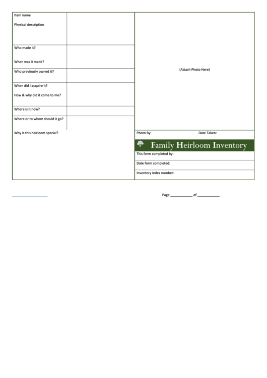 Family Heirloom Inventory Spreadsheet Printable pdf
