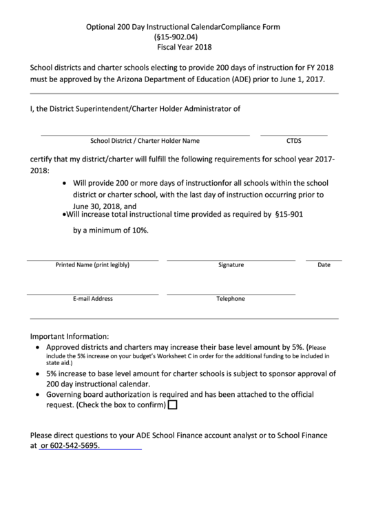 Optional 200 Day Instructional Calendar Compliance Form - Arizona Department Of Education - 2018 Printable pdf