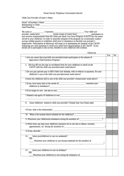 Parent Survey Telephone Conversation Record - Arizona Department Of Education Printable pdf