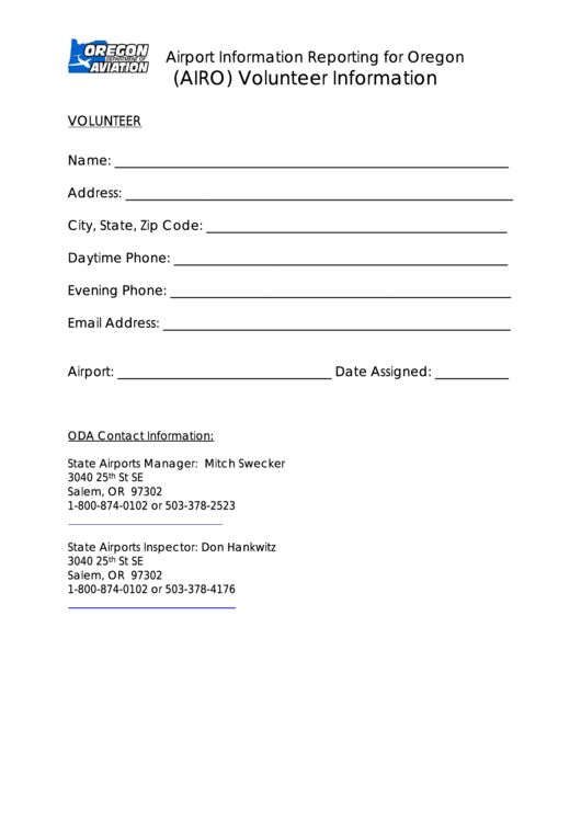 (Airo) Volunteer Information - Oregon Department Of Aviation Printable pdf