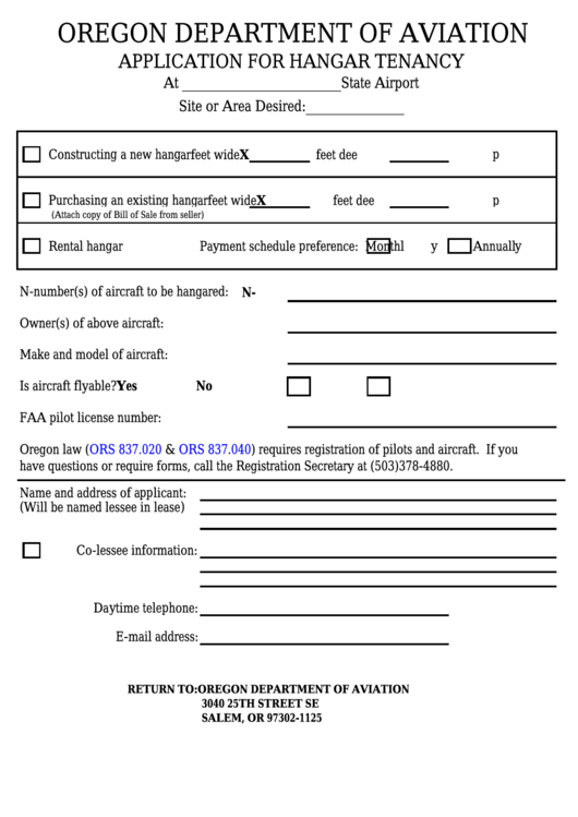 Application For Hangar Tenancy - Oregon Department Of Aviation Printable pdf
