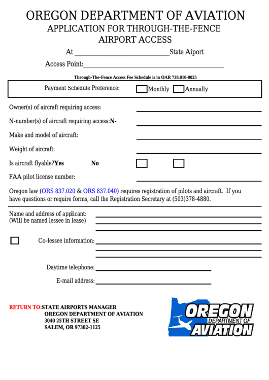 Application For Through-The-Fence Airport Access - Oregon Department Of Aviation Printable pdf