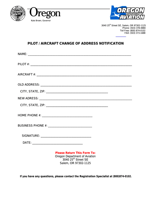 Pilot / Aircraft Change Of Address Notification - Oregon Department Of Aviation Printable pdf