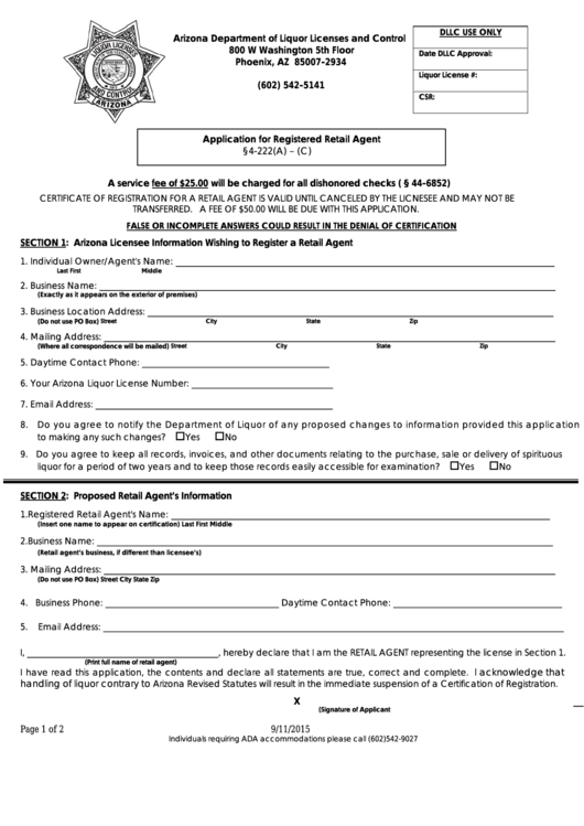 Fillable Application For Registered Retail Agent - Arizona Department Of Liquor Licenses And Control Printable pdf