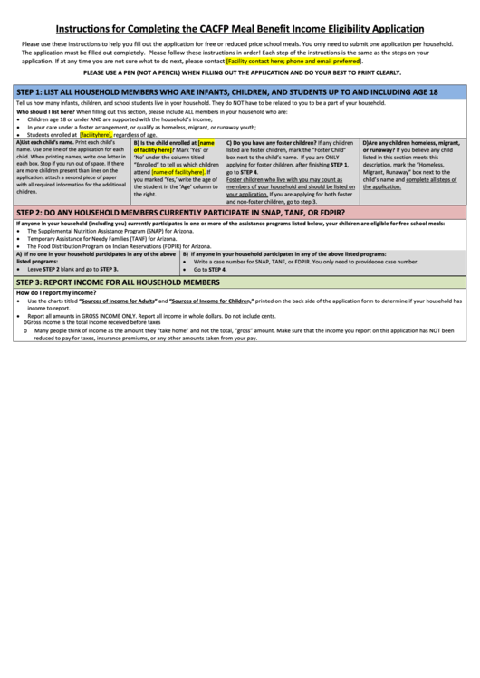 Instructions For Completing The Cacfp Meal Benefit Income Eligibility Application - Arizona Department Of Education Printable pdf