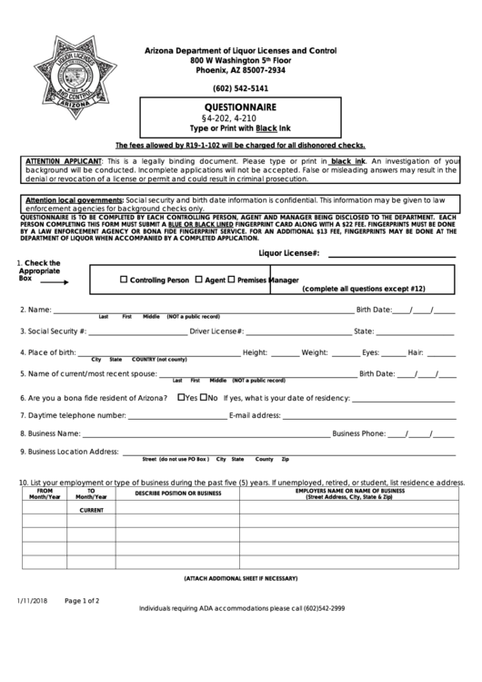 Fillable Questionnaire - Arizona Department Of Liquor Licenses And Control Printable pdf