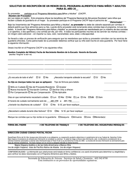 Solicitud De Inscripcion De Un Menor En El Programa Alimenticio Para Ninos Y Adultos - Arizona Department Of Education Printable pdf