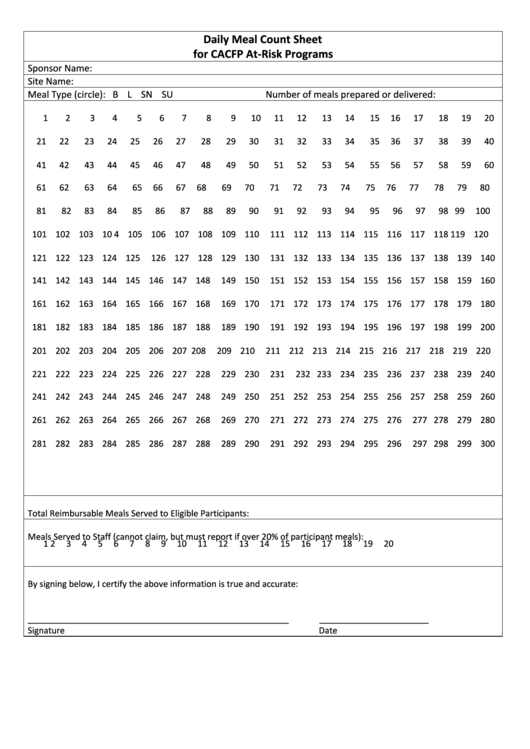 Daily Meal Count Sheet - Arizona Department Of Education Printable pdf