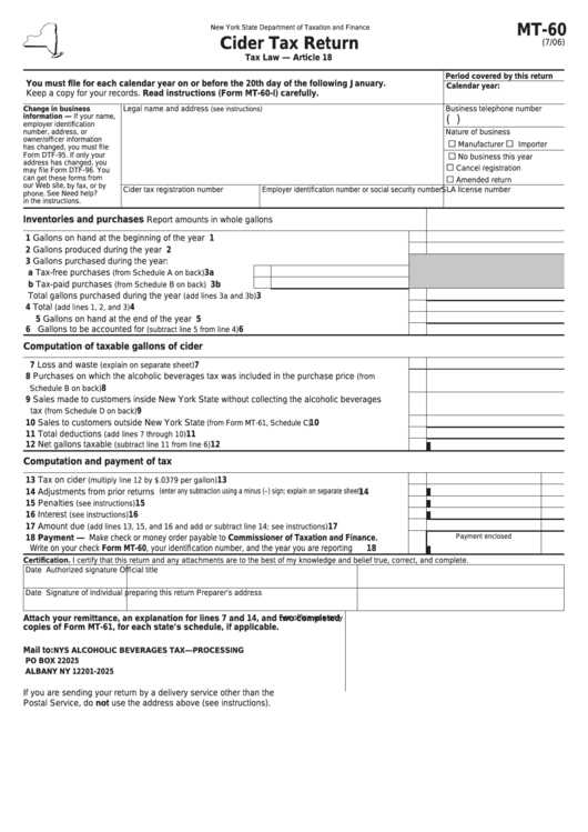 Form Mt-60 - Cider Tax Return Printable pdf