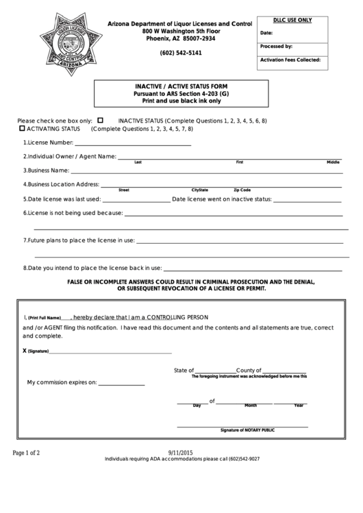 Fillable Inactive / Active Status Form - Arizona Department Of Liquor Licenses And Control Printable pdf