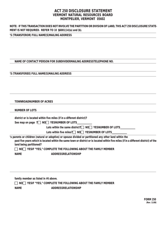 Fillable Form 250 - Act 250 Disclosure Statement Printable pdf