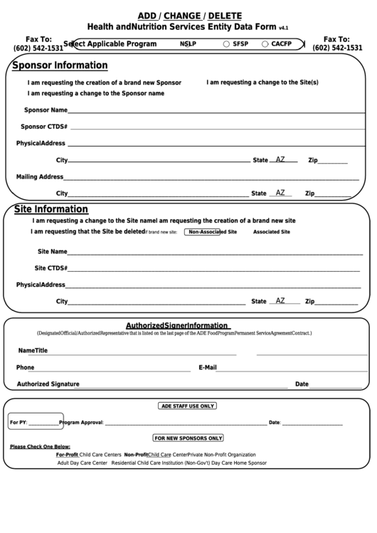 Fillable Health And Nutrition Services Entity Data Form - Arizona Department Of Education Printable pdf
