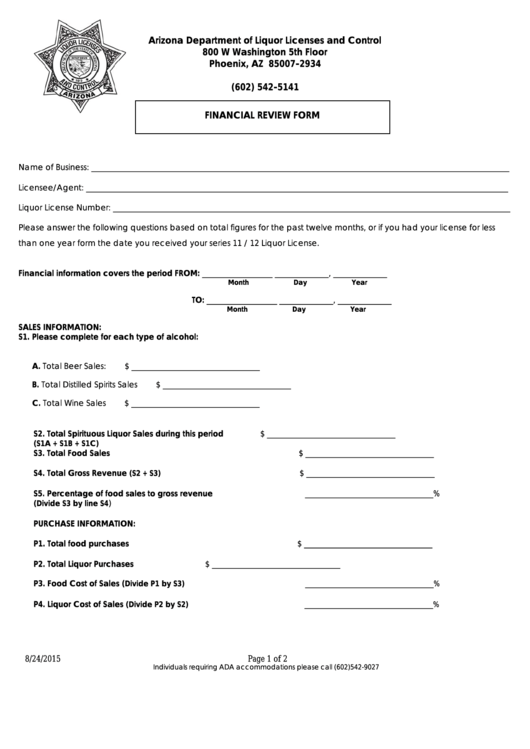 Financial Review Form - Arizona Department Of Liquor Licenses And Control Printable pdf