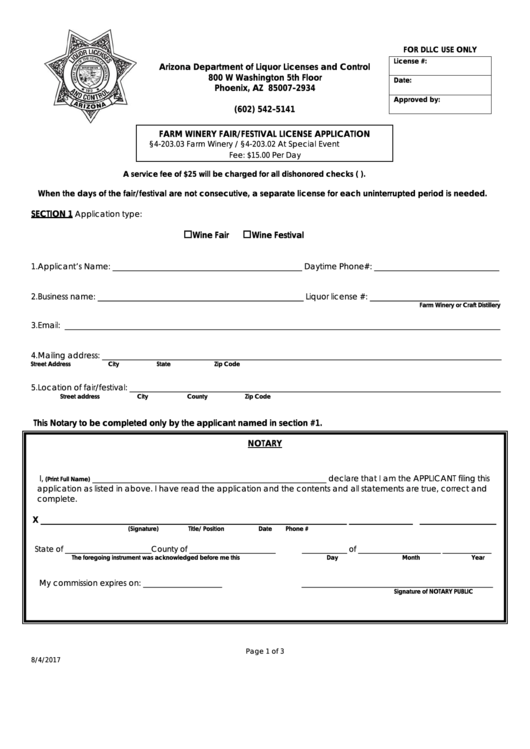 Fillable Farm Winery Fair/festival License Application - Arizona Department Of Liquor Licenses And Control Printable pdf