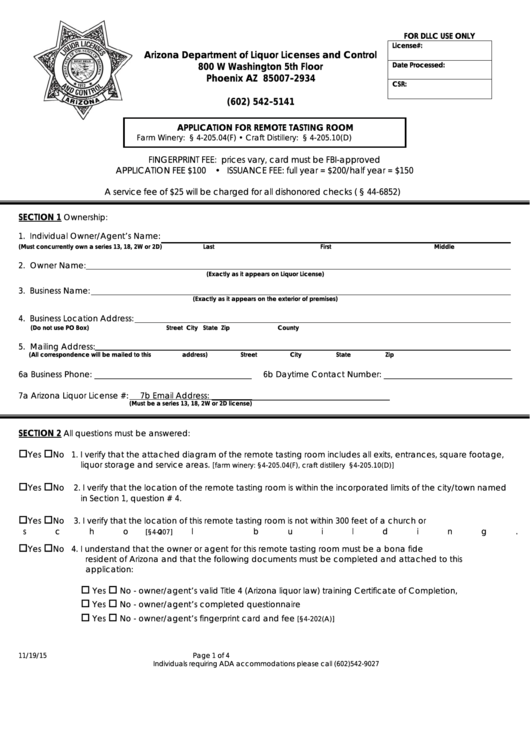 Fillable Application For Remote Tasting Room - Arizona Department Of Liquor Licenses And Control Printable pdf