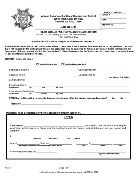 Fillable Craft Distiller Fair/festival License Application - Arizona Department Of Liquor Licenses And Control Printable pdf