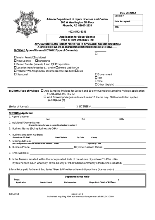 Fillable Application For Liquor License Type Or Print With Black Ink - Arizona Department Of Liquor Licenses And Control Printable pdf
