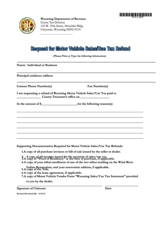 Request For Motor Vehicle Sales/use Tax Refund - Wyoming Department Of Revenue Printable pdf