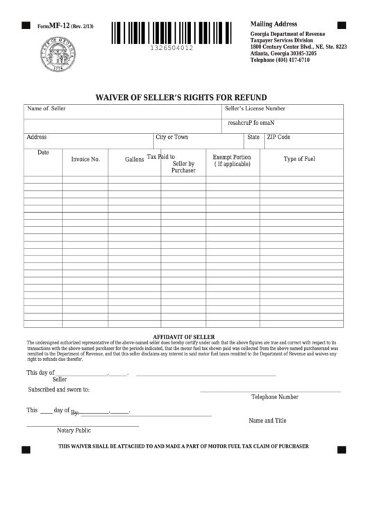 Fillable Form Mf-12 - Waiver Of Seller