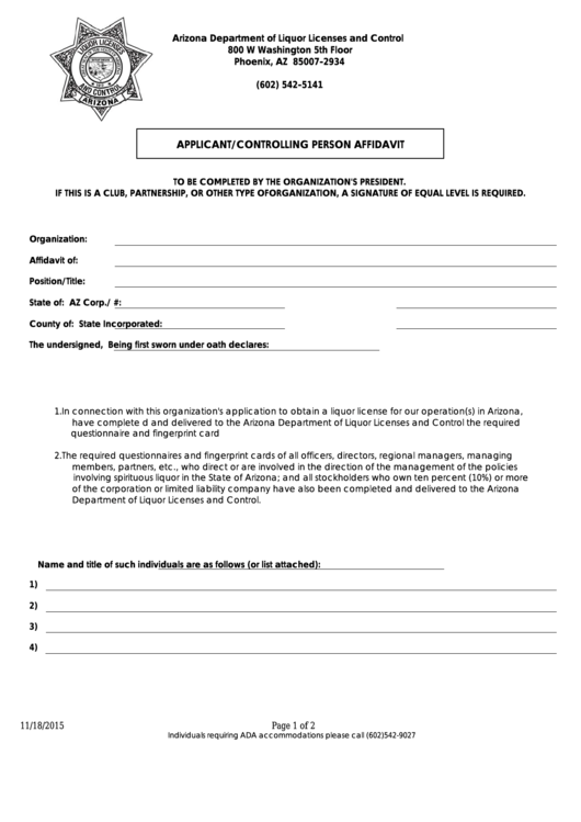 Fillable Applicant/controlling Person Affidavit - Arizona Department Of Liquor Licenses And Control Printable pdf