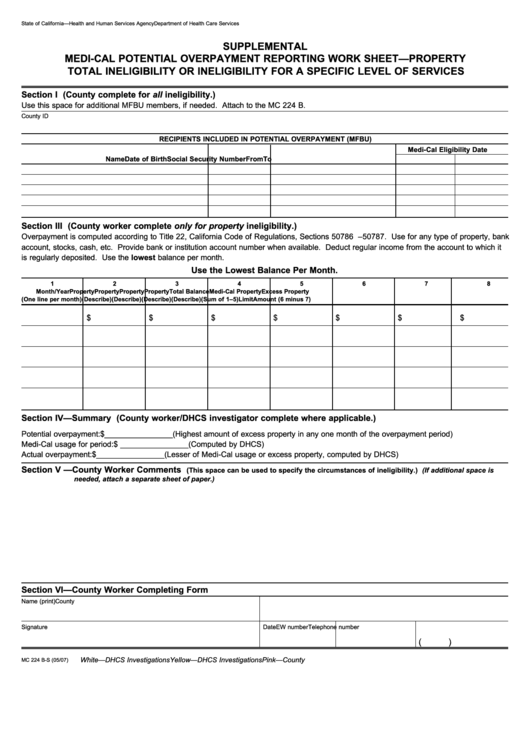 Form Mc 224 B-S - Supplemental Medi-Cal Potential Overpayment Reporting Work Sheet-Property Total Ineligibility Or Ineligibility For A Specific Level Of Services Printable pdf