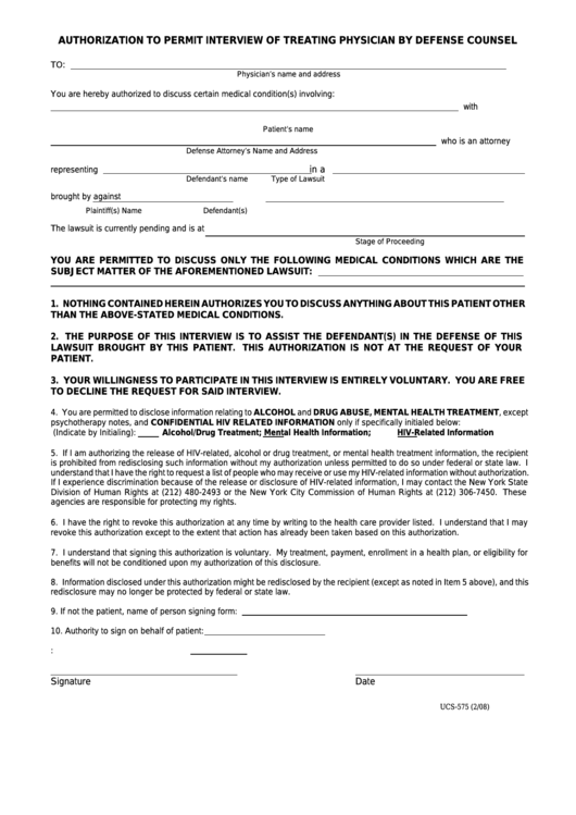 Form Ucs-575 - Authorization To Permit Interview Of Treating Physician By Defense Counsel Printable pdf