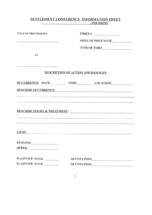 Settlement Conference Information Sheet Printable pdf