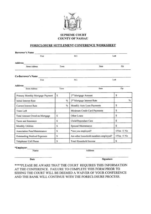 Fillable Foreclosure Settlement Conference Worksheet - New York Supreme Court Printable pdf