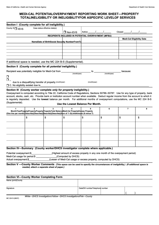 Form Mc 224 B - Medi-Cal Potential Overpayment Reporting Work Sheet-Property Total Ineligibility Or Ineligibility For A Specific Level Of Services Printable pdf