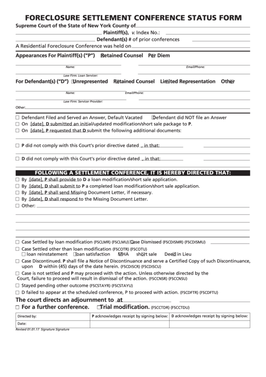 Fillable Foreclosure Settlement Conference Status Form - New York Supreme Court Printable pdf
