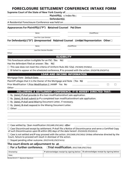 Fillable Foreclosure Settlement Conference Intake Form - New York Supreme Court Printable pdf