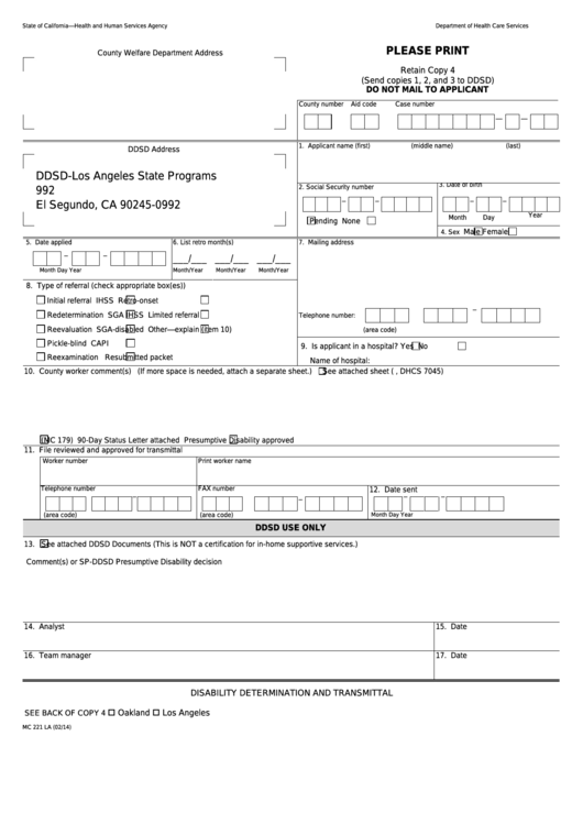Form Mc 221 La - Disability Determination And Transmittal Printable pdf