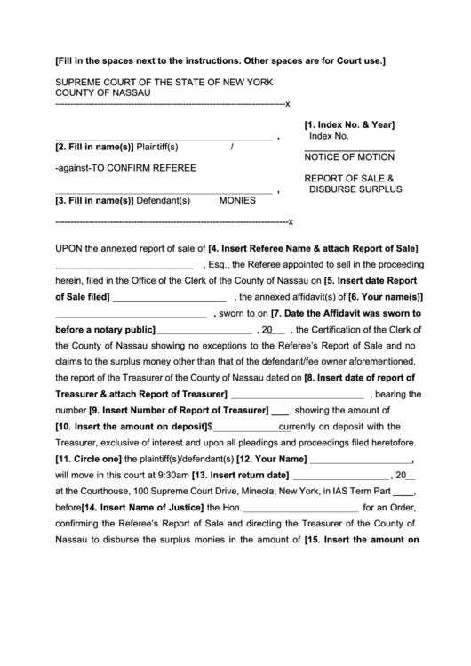 Notice Of Motion To Confirm Referee Report Of Sale & Disburse Surplus Monies - New York Supreme Court Printable pdf
