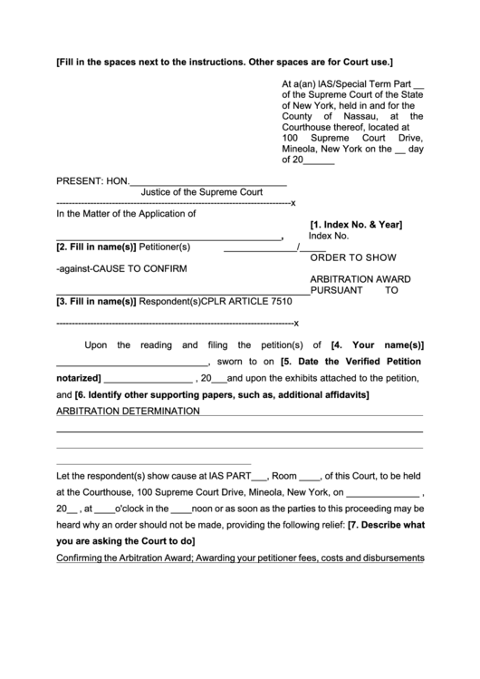 Order To Show Cause To Confirm Arbitration Award - New York Supreme Court Printable pdf