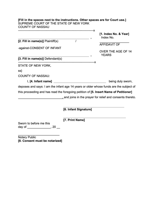 Affidavit Of Consent Of Infant Over The Age Of 14 Years - New York Supreme Court Printable pdf