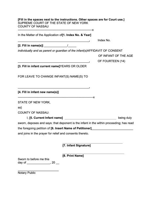 Fillable Affidavit Of Consent Of Infant Of The Age Of Fourteen (14) Years Or Older - New York Supreme Court Printable pdf