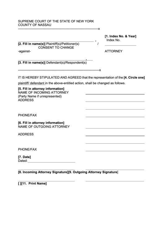 Fillable Consent To Change Attorney - New York Supreme Court Printable pdf