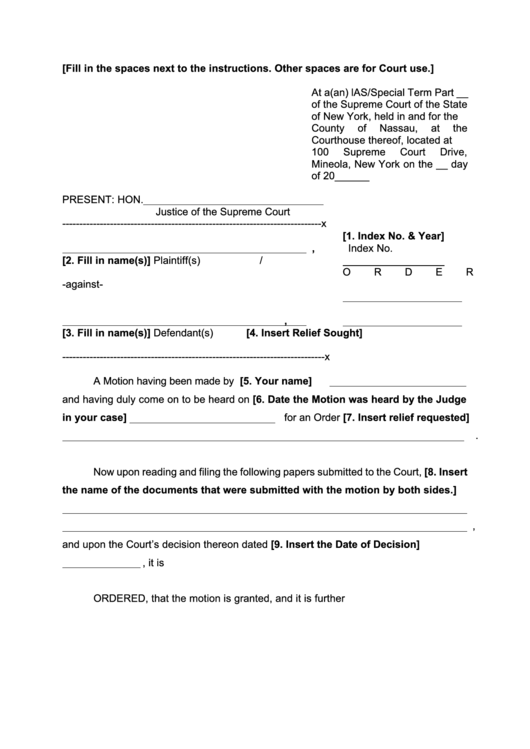 Fillable Order - New York Supreme Court Printable pdf