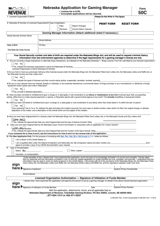 Fillable Form 50c - Nebraska Application For Gaming Manager Printable pdf