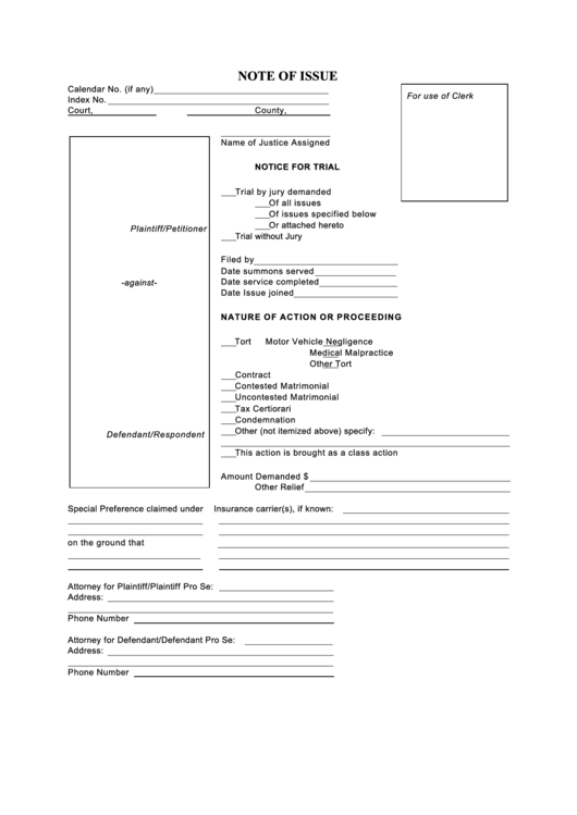 Note Of Issue - New York Supreme Court Printable pdf