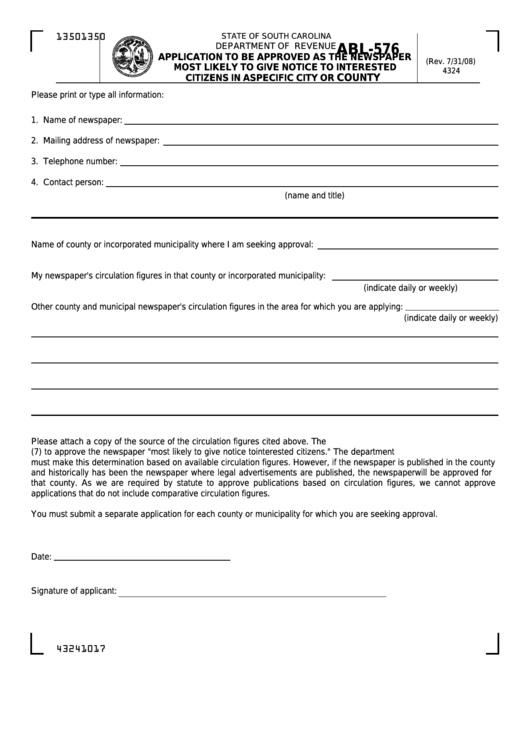 Form Bl-576 - Application To Be Approved As The Newspaper Most Likely To Give Notice To Interested Citizens In A Specific City Or County Printable pdf